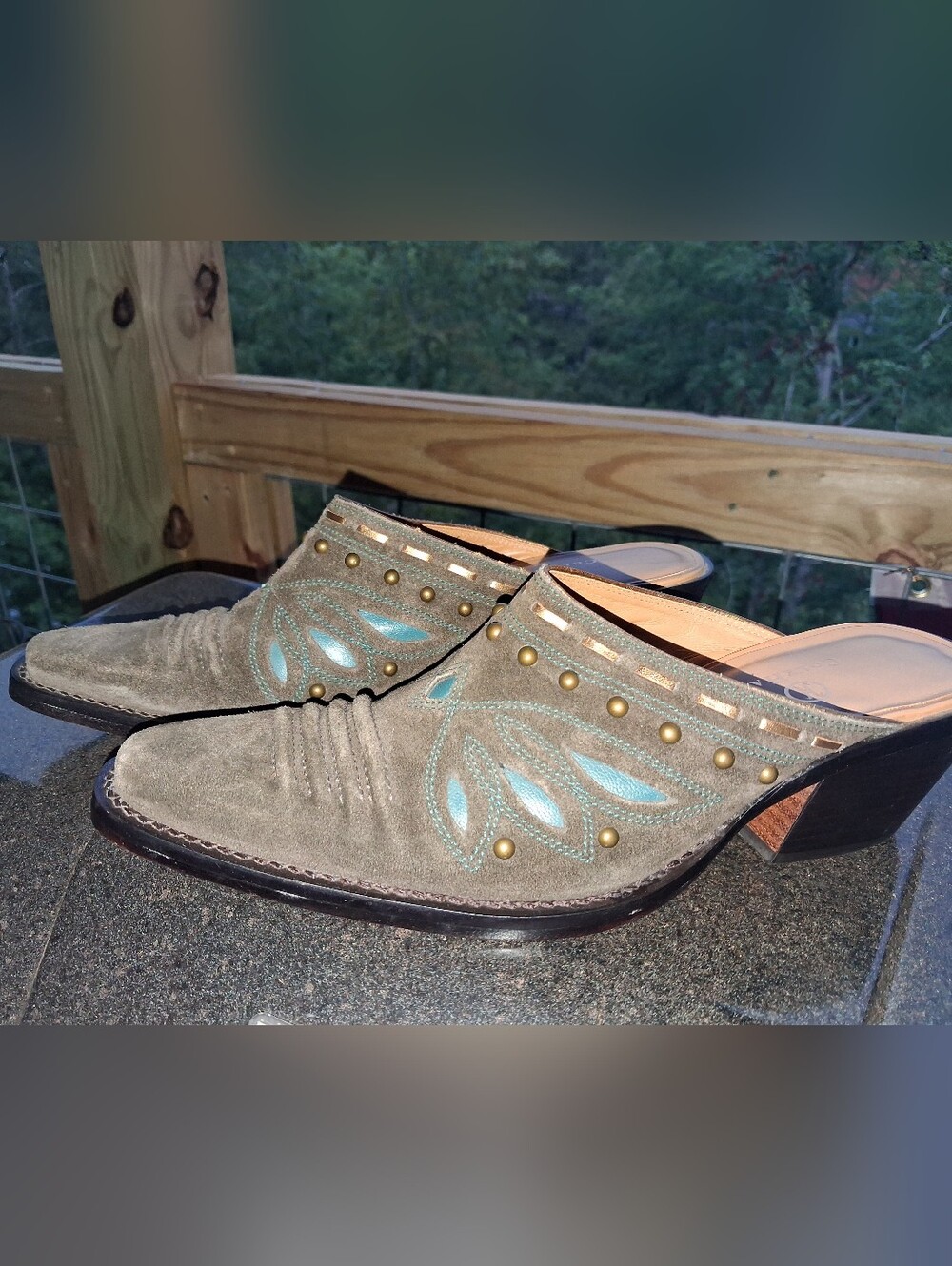 Cole Haan Mule Western Suede Mule with Turquoise Stitching and Studs 7 B